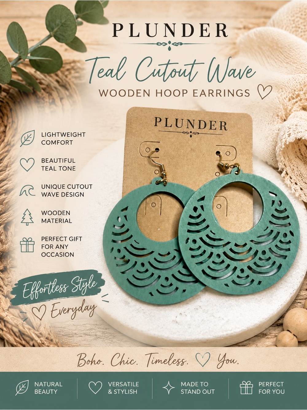 Plunder Teal Cutout Wave Wooden Hoop Earrings